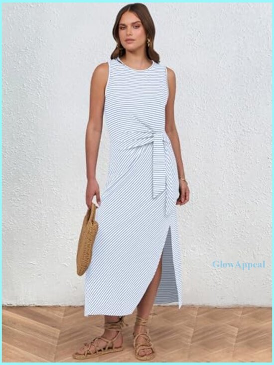 Slim Fit Midi Dress with Tie Waist and Slit, Sleeveless Tank Style for Summer - Picture 5 of 7